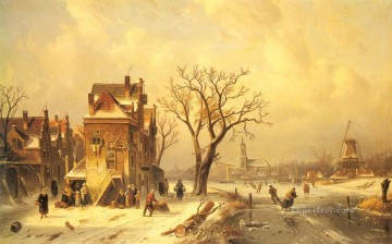 Snow Painting - Skaters In A Frozen snow Landscape Charles Leickert